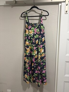 Old Navy Navy Floral Midi Dress with Pink, Yellow & Green Flowers
